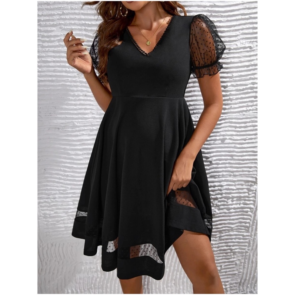 Maternity Black Swiss Dot Sheer Puff Sleeve Dress - Picture 3 of 4